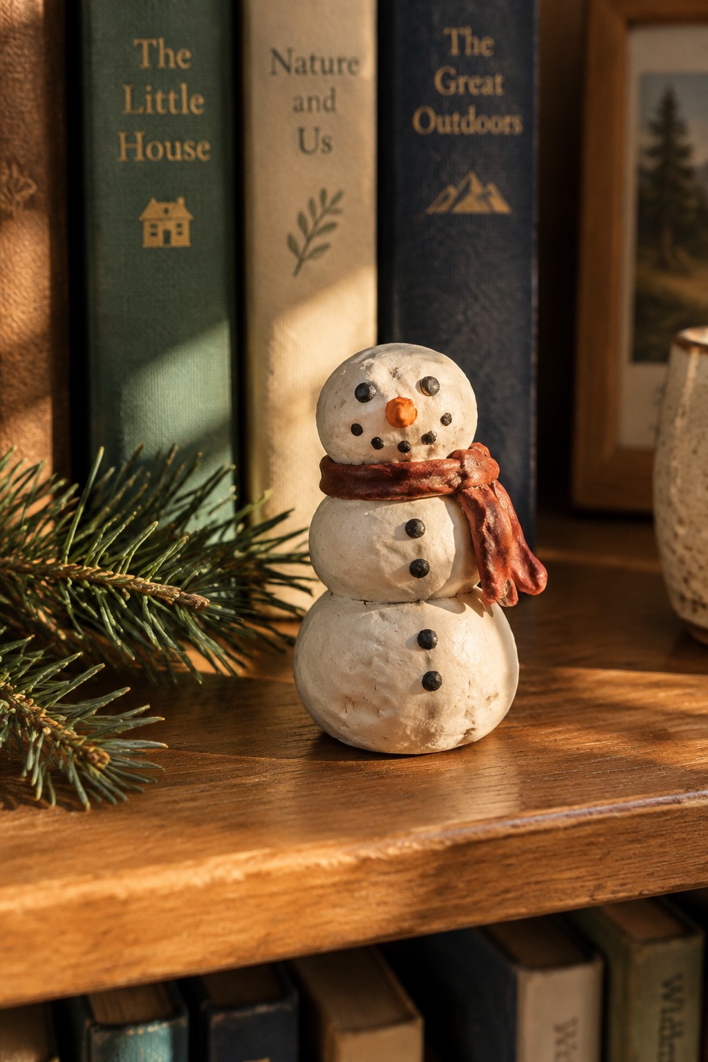 Snowman figurine with red scarf on wooden shelf beside books and pine branch