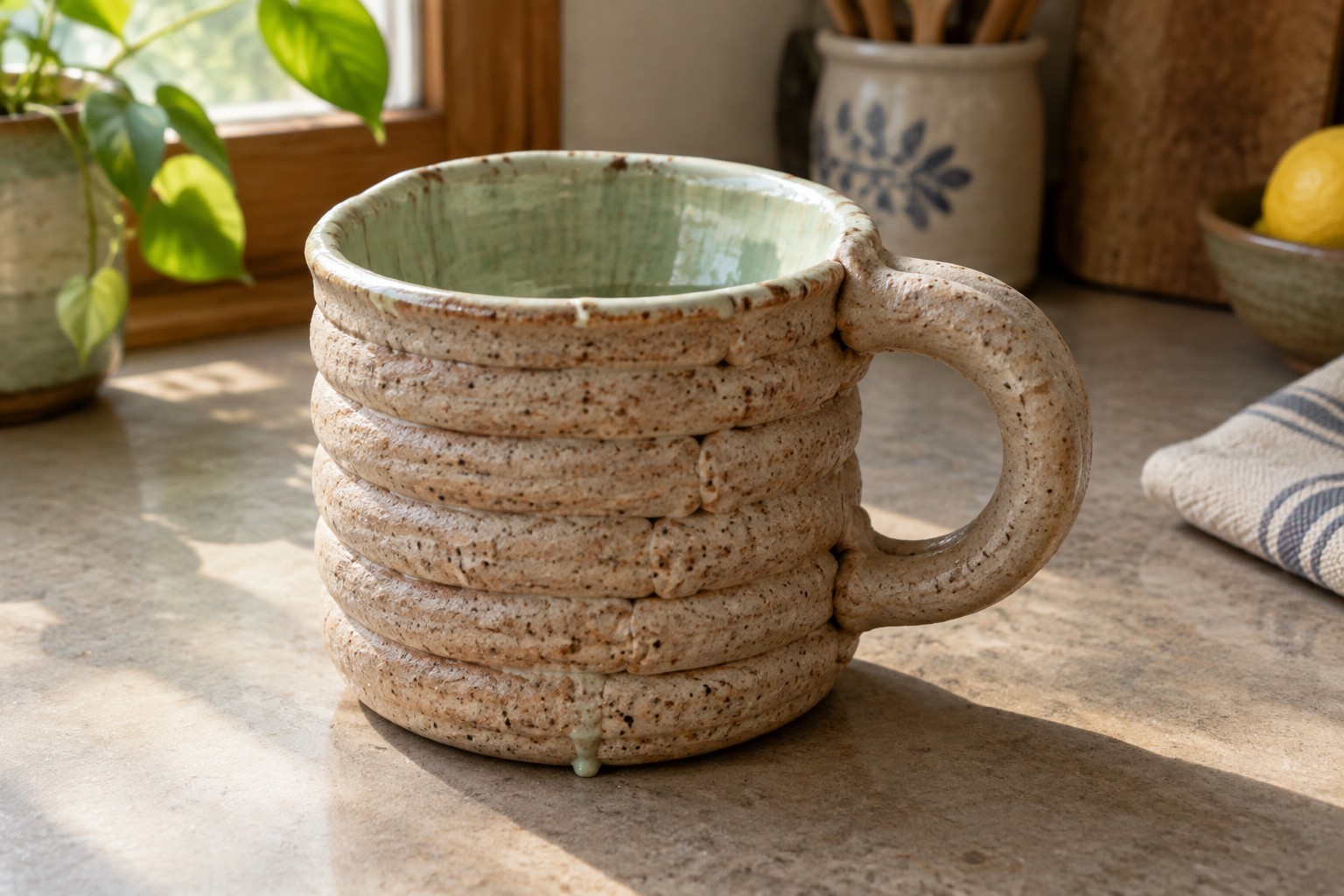 Rustic ridged ceramic mug with beige speckles and dripping green glaze on counter