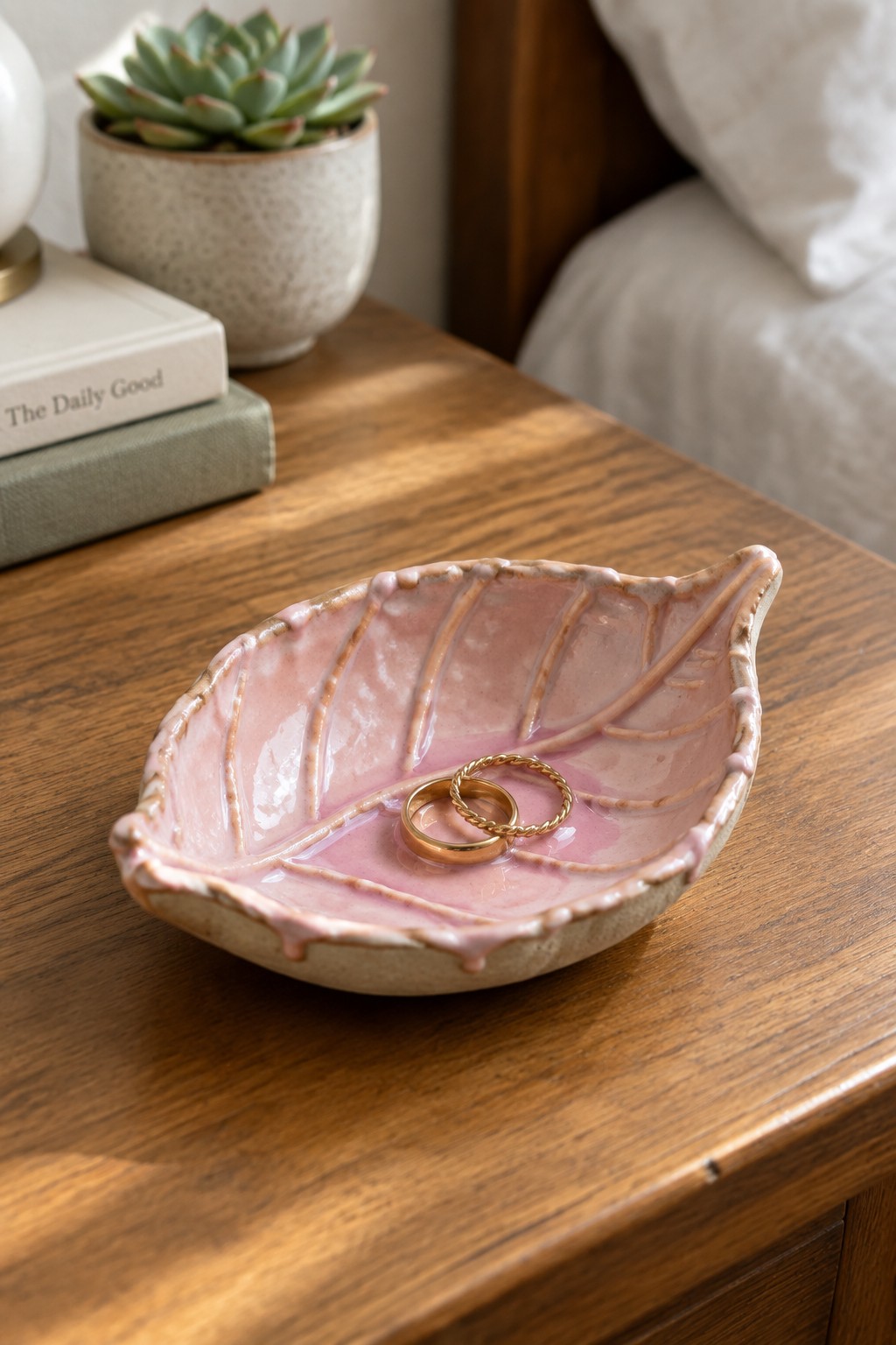 Pink ceramic leaf dish holding two gold rings on wooden table