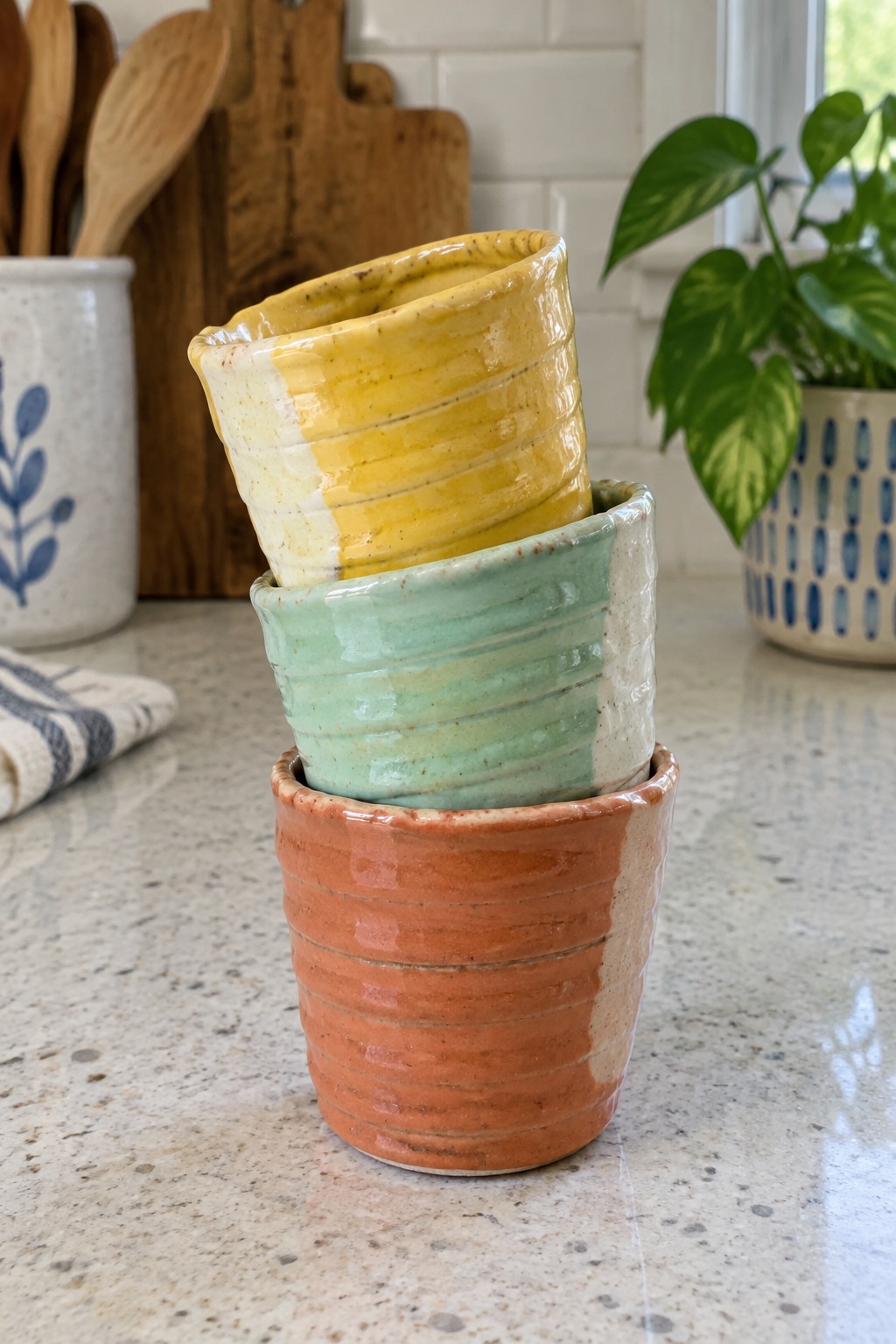 Stacked orange, mint-green, and yellow two-toned ribbed ceramic bowls on a countertop.