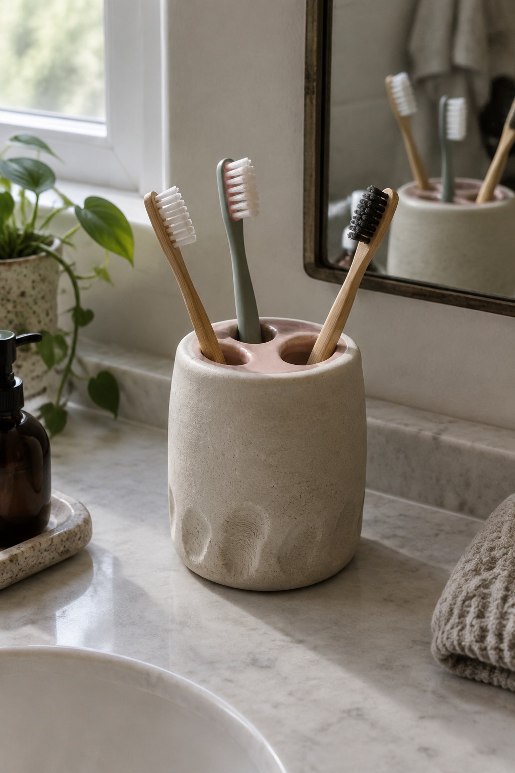 Three toothbrushes in a textured beige ceramic holder on marble counter