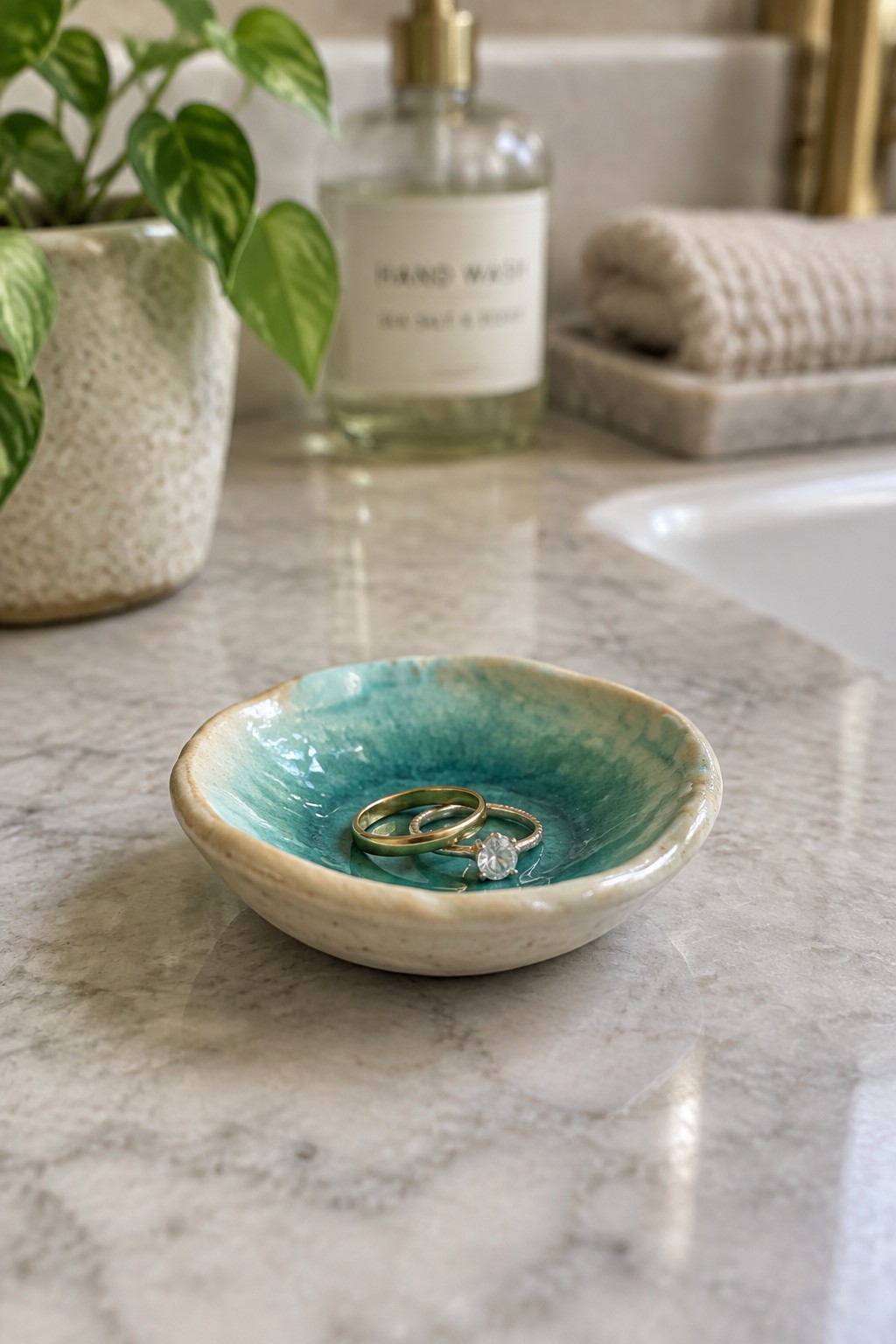 Turquoise ceramic bowl holding gold wedding rings on marble bathroom counter