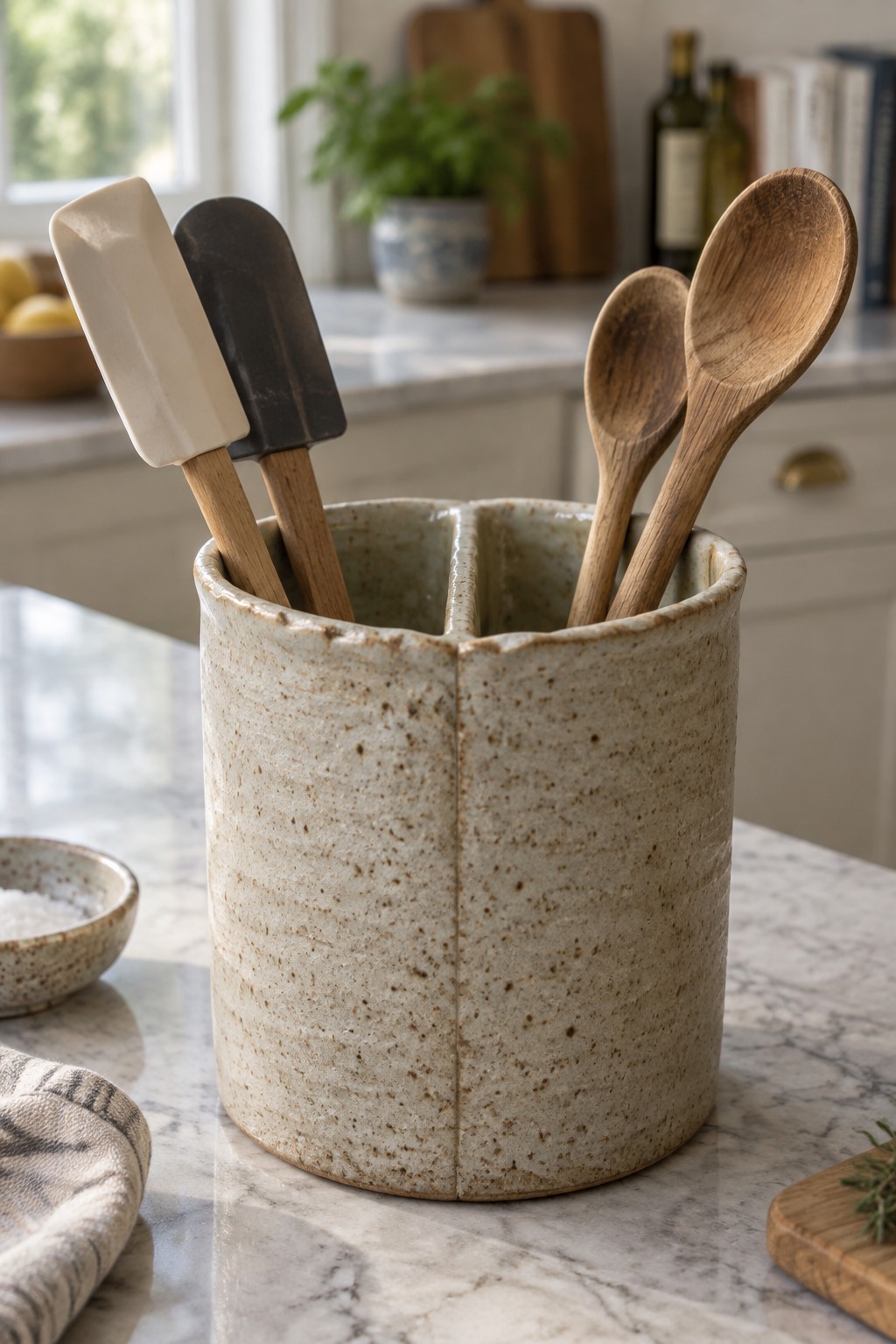 Rustic speckled ceramic holder with spatulas and wooden spoons on marble counter