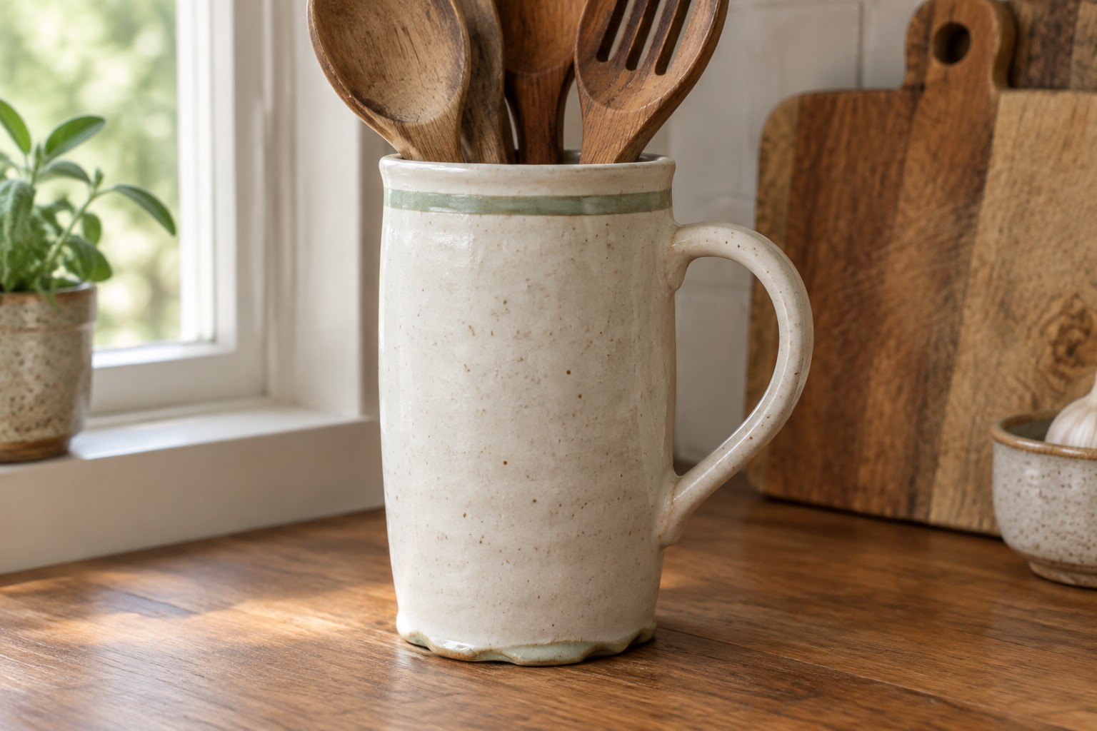 Cream-colored ceramic pitcher holding wooden utensils on a sunlit kitchen counter