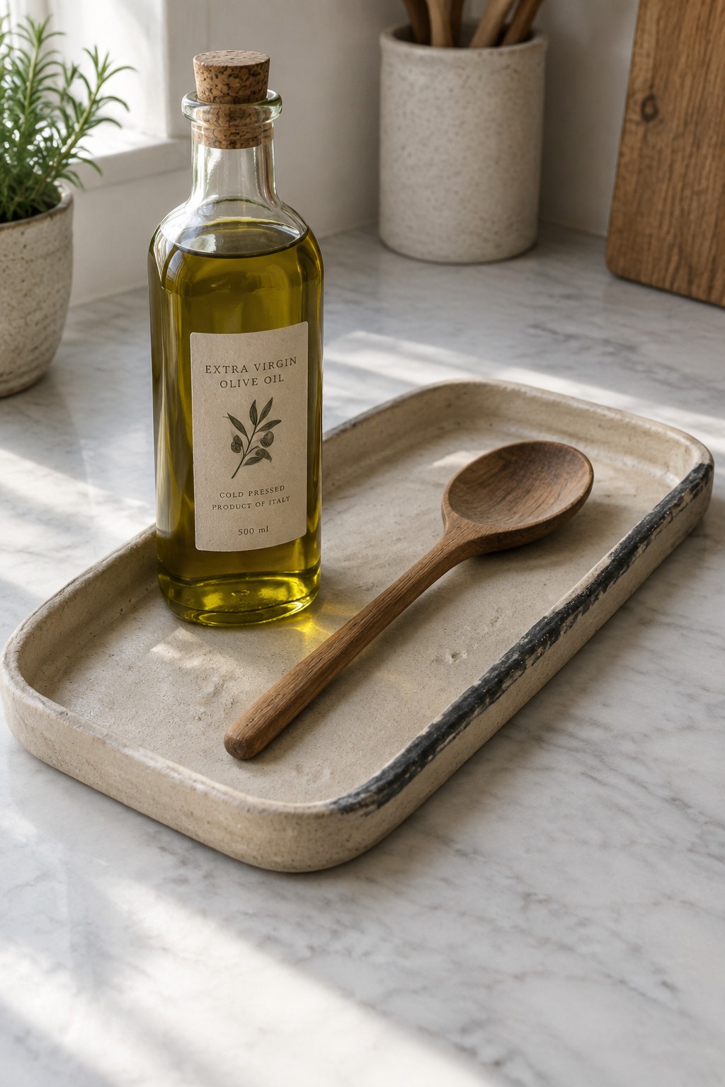 Glass olive oil bottle with cork and wooden spoon on beige ceramic tray