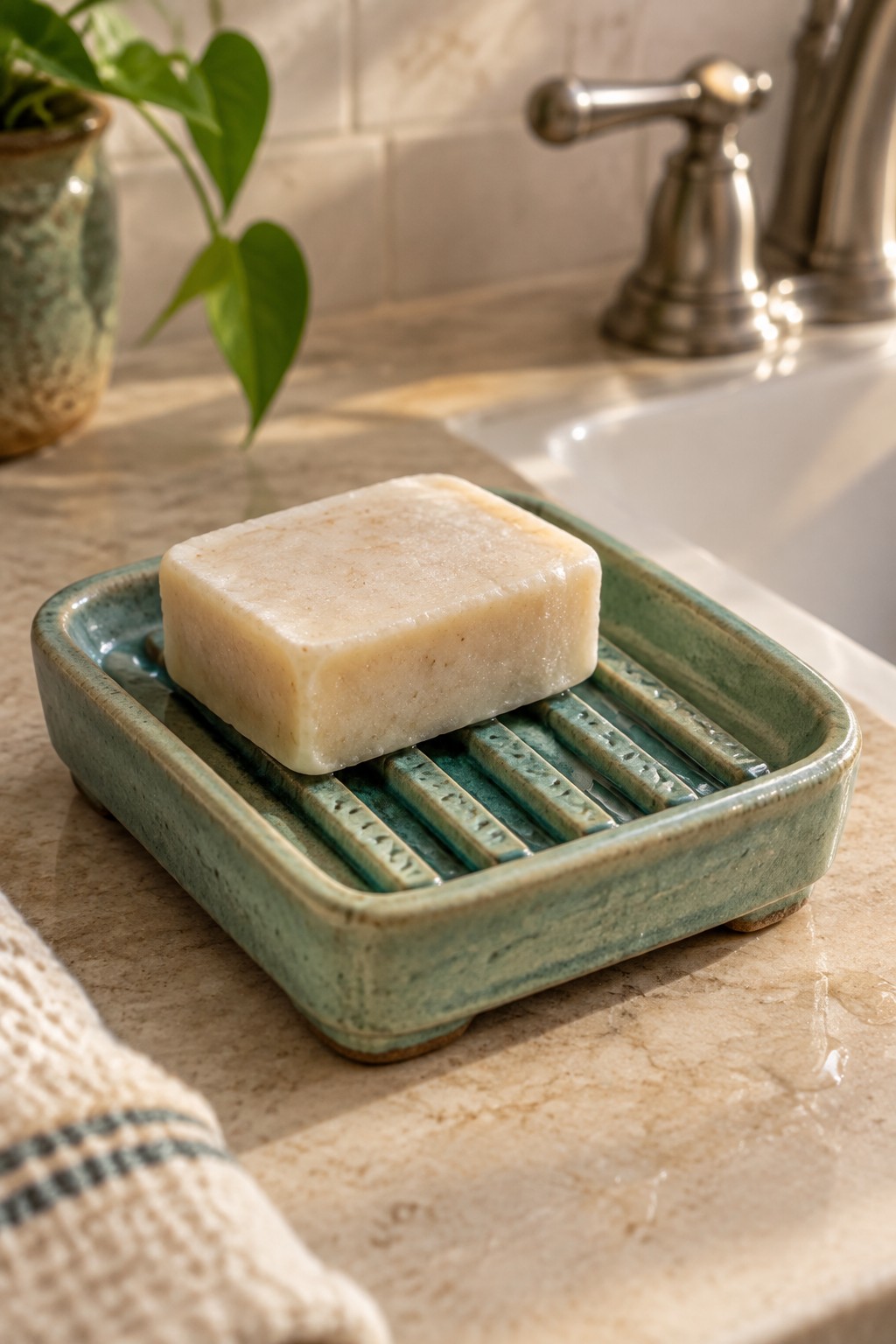 Beige soap bar on green ceramic dish atop marble bathroom counter with towel
