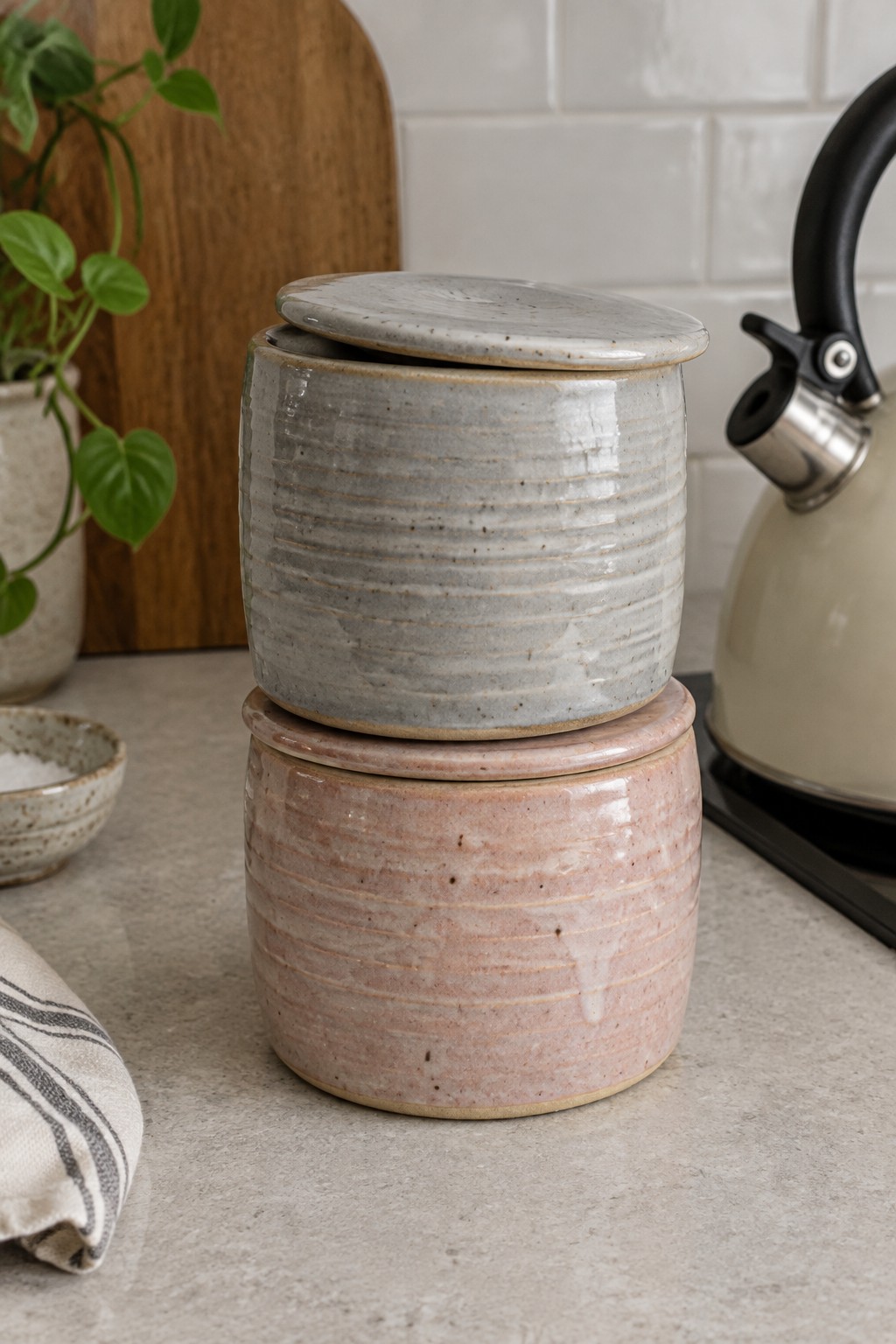 Stacked gray and pink ribbed ceramic jars on marble kitchen counter