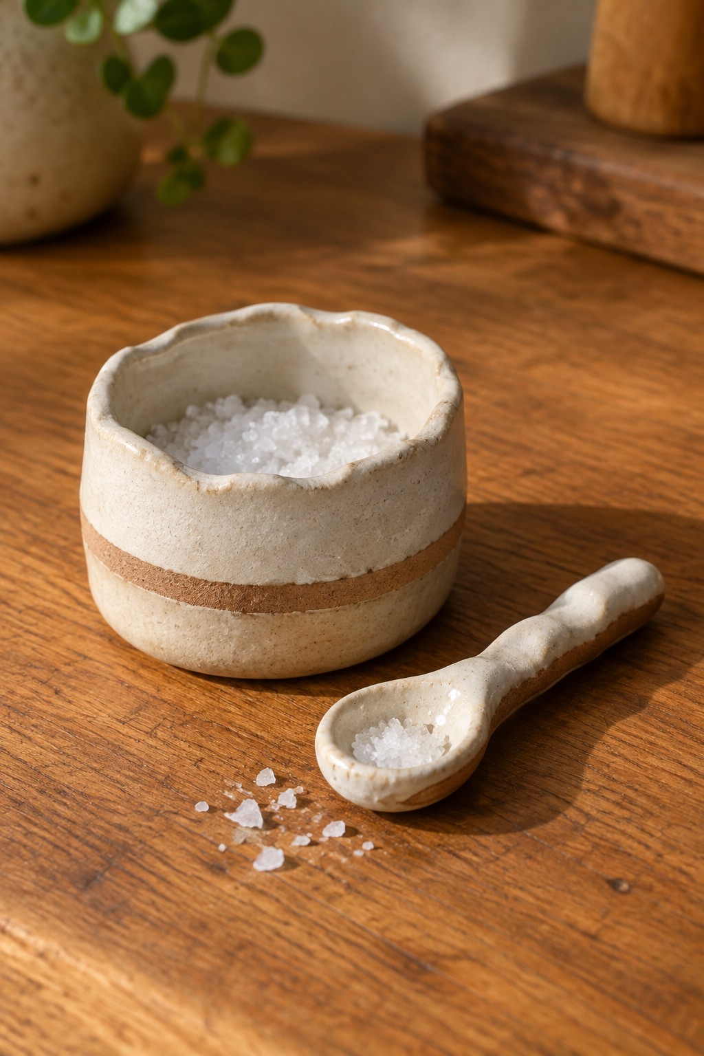 Ceramic salt bowl and spoon on wooden table with scattered crystals