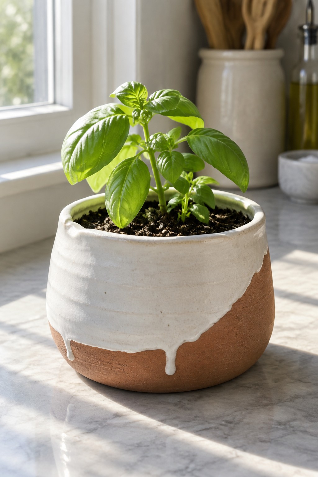 Vibrant basil plant in white-glazed terracotta pot on sunlit marble countertop