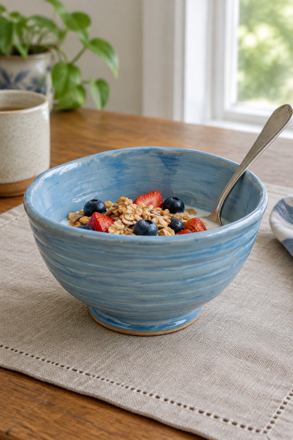 Blue ceramic bowl of granola with strawberries, blueberries, and milk on wooden table