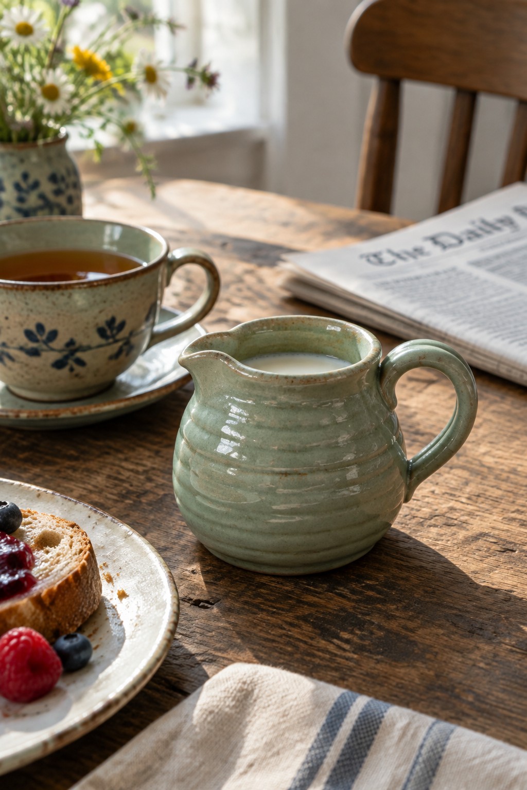 Sunlit wooden table with teacup, green milk pitcher, jam toast, berries, and newspaper