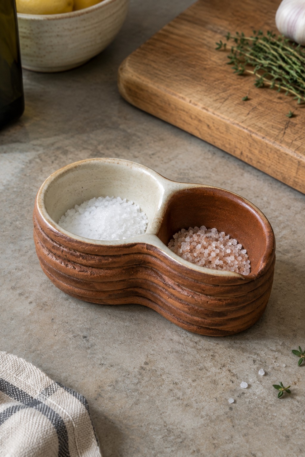 Rustic ceramic double bowl with white and pink salt on kitchen counter