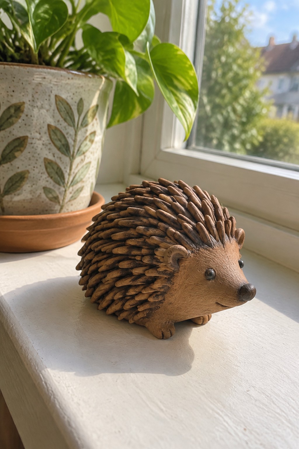 Brown ceramic hedgehog figurine on sunny windowsill beside leafy potted plant