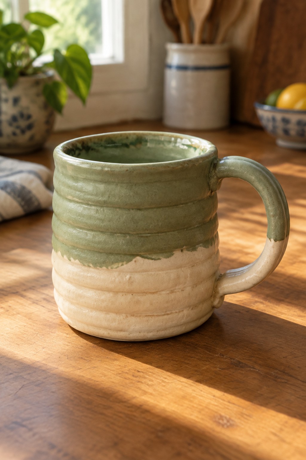 Green and white ribbed ceramic mug on sunlit wooden kitchen counter