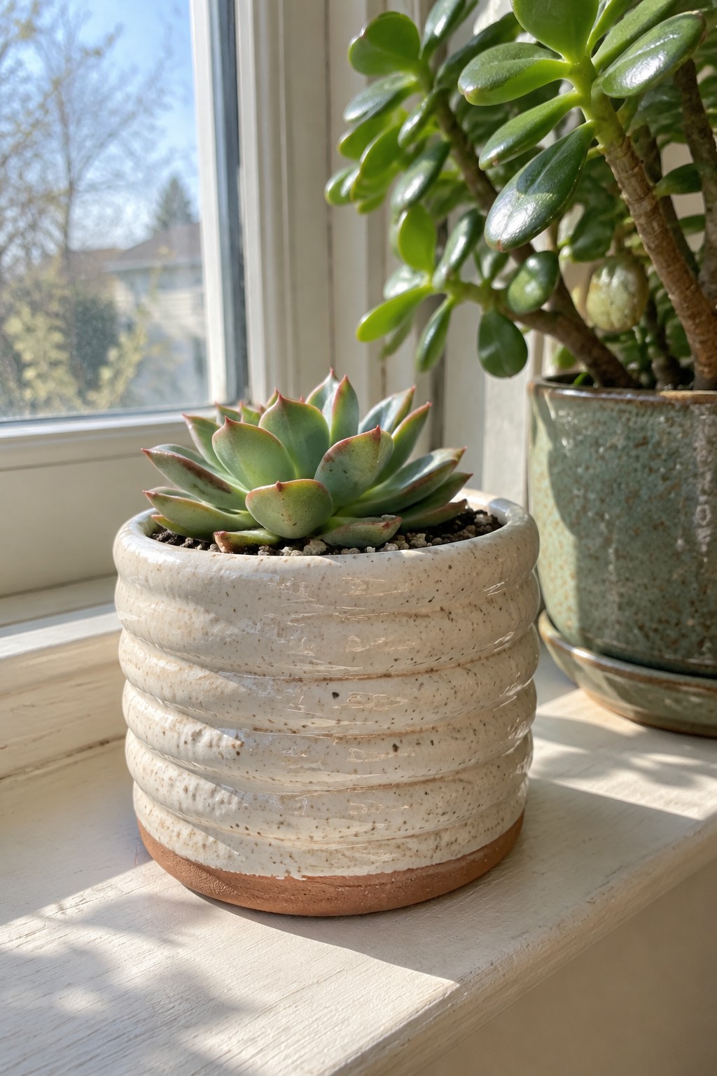 Succulent with red-tipped leaves in ridged white pot on sunny windowsill