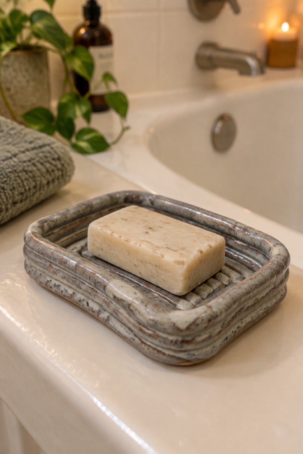 Beige soap bar in a speckled ceramic dish on white bathroom counter