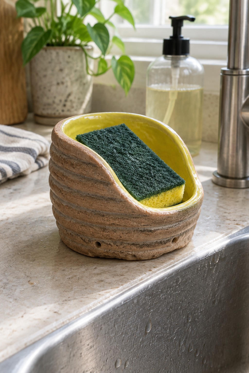 Brown ribbed ceramic holder with yellow interior holding green-yellow scrub sponge by sink