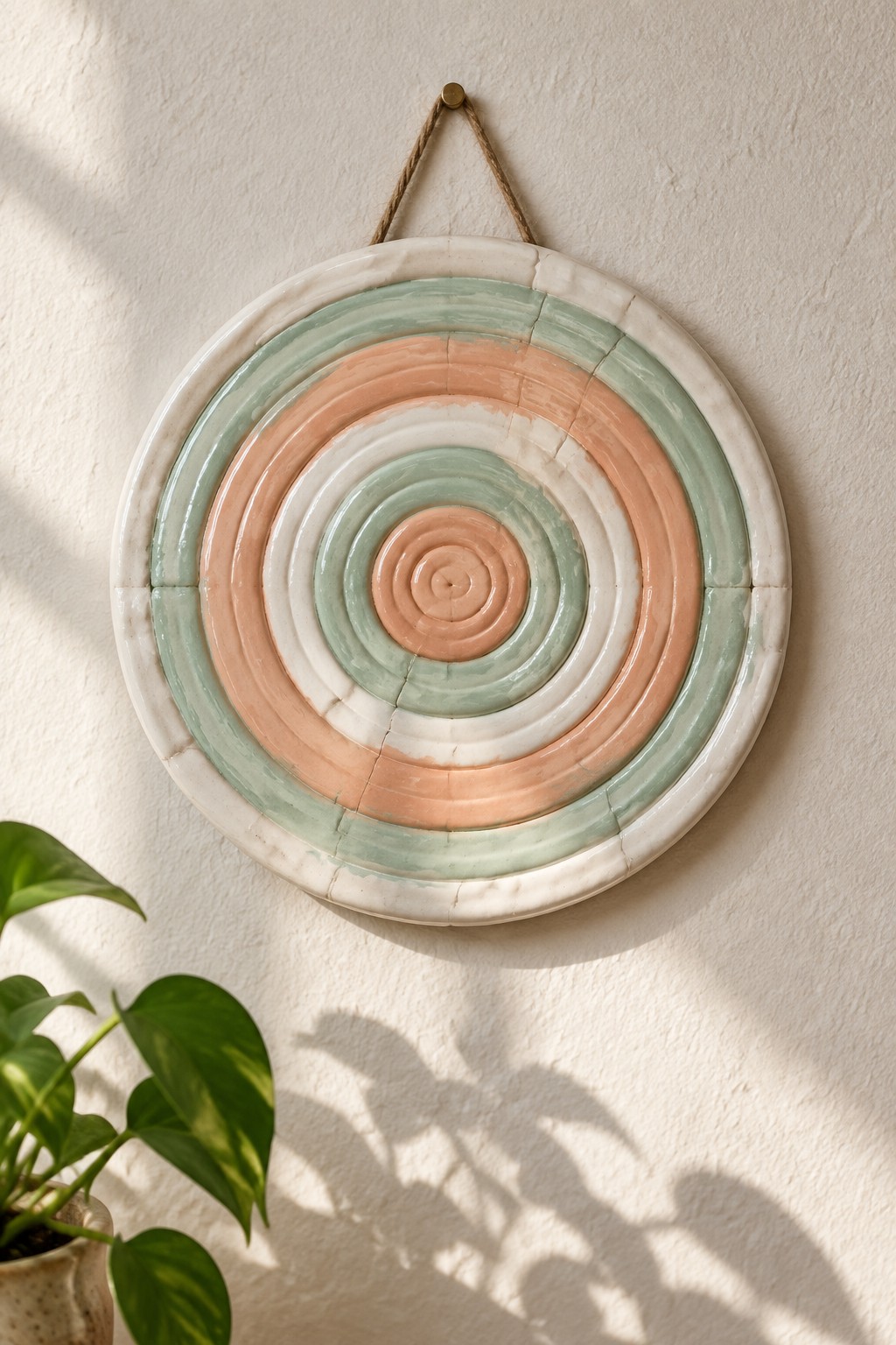 Ceramic circular wall hanging with concentric rings in mint green, peach, and white.