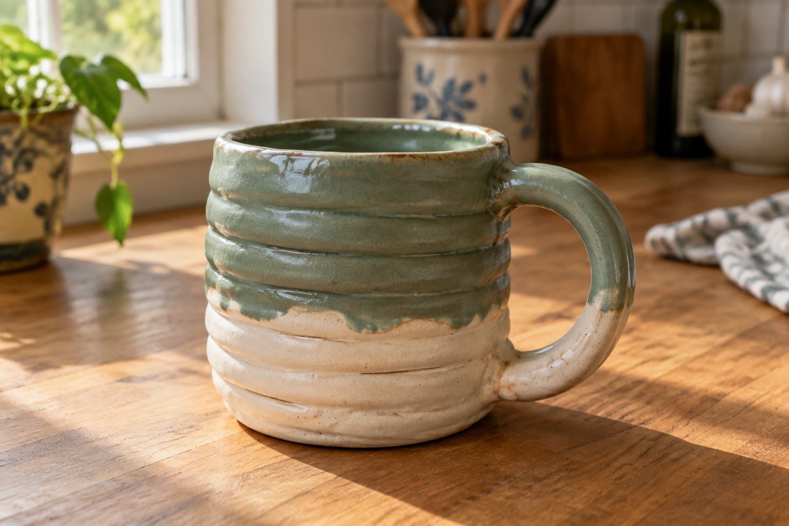 Green and white ribbed ceramic mug on sunlit wooden kitchen counter