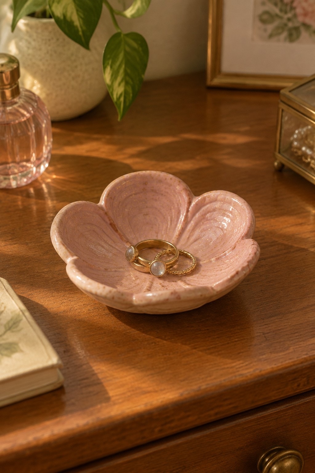 Pink flower-shaped ceramic bowl with two gold rings on wooden table