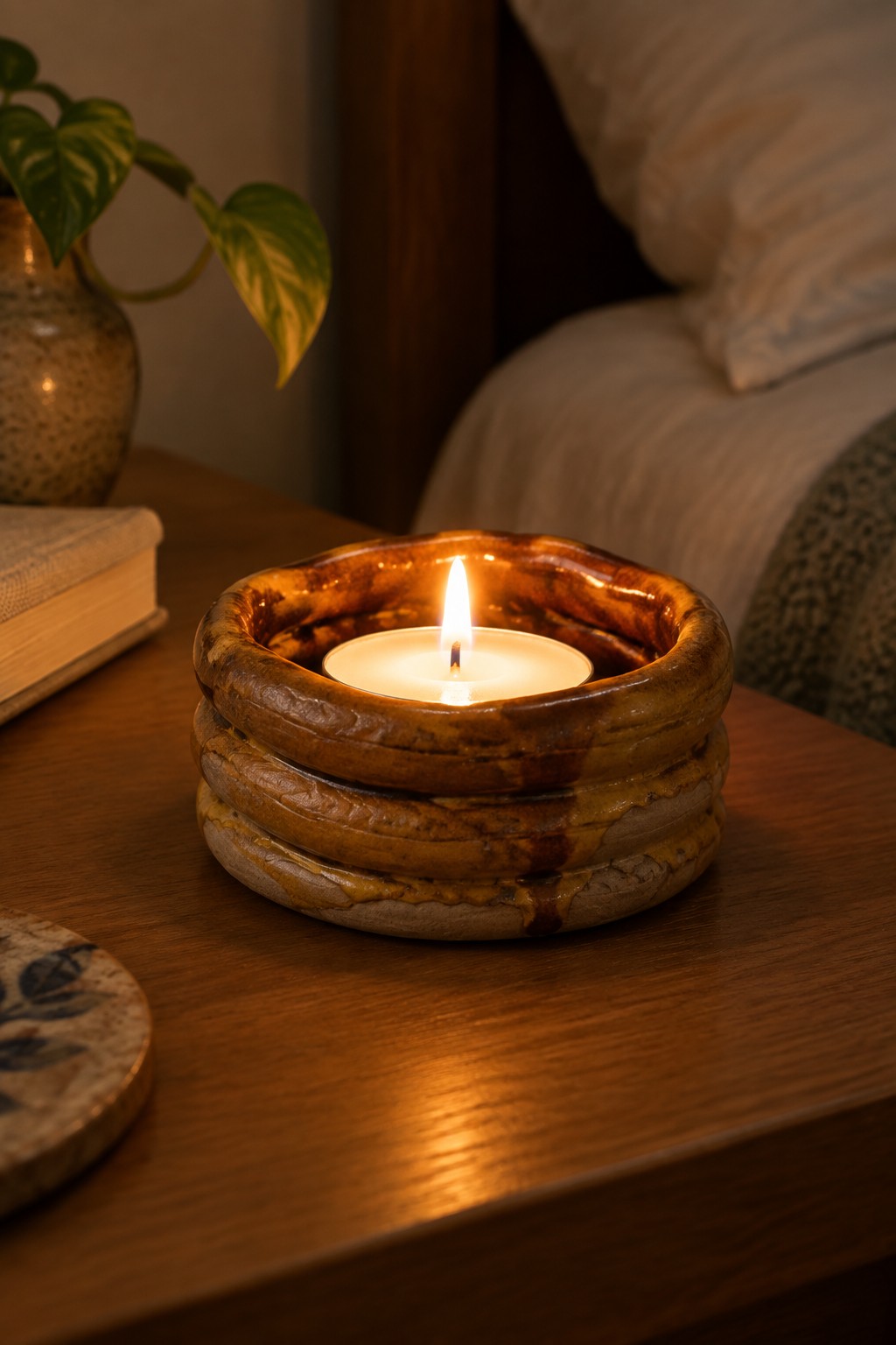 Lit candle in a layered brown ceramic holder on wooden table