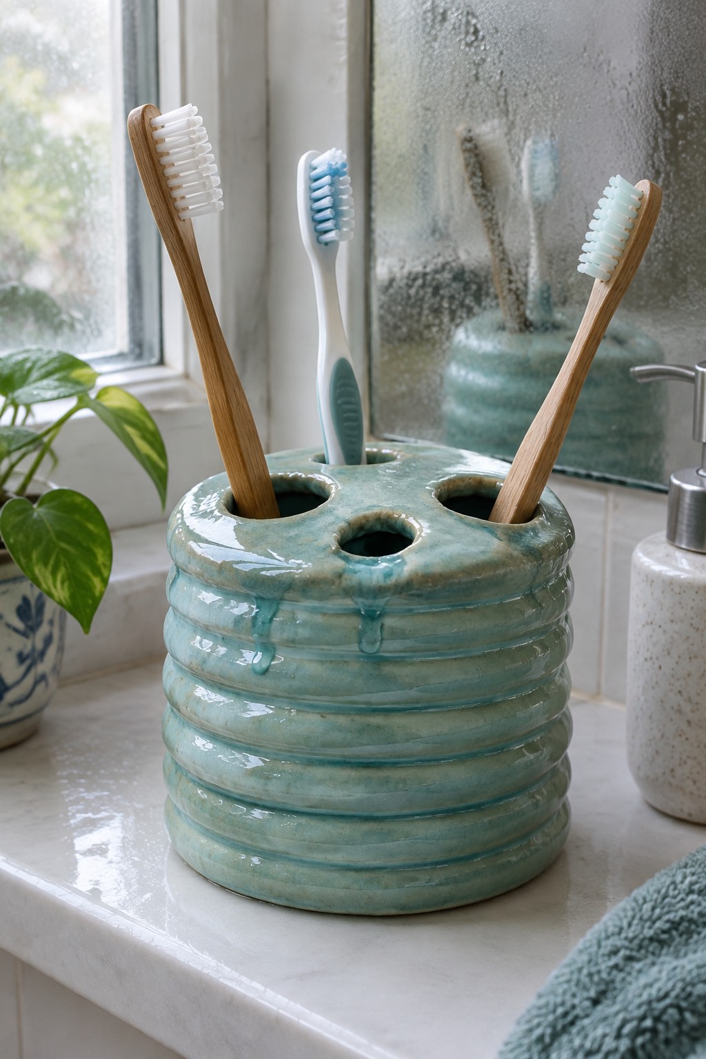 Turquoise ribbed ceramic toothbrush holder with dripping glaze holding three wooden brushes