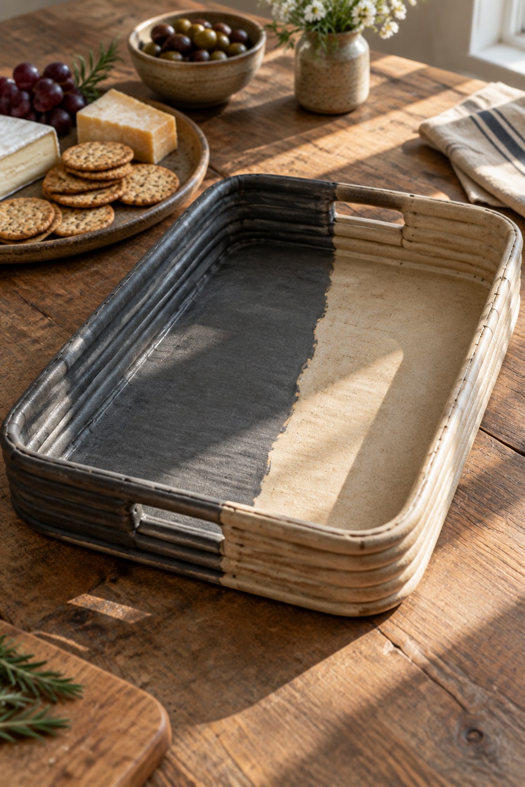 Black and beige ceramic tray on rustic wooden table with cheese, crackers, olives, and flowers