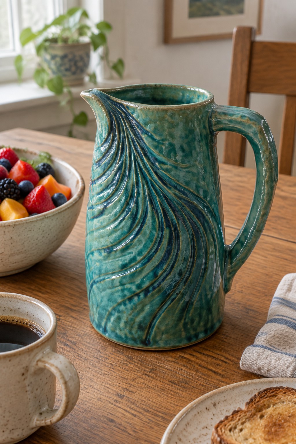 Teal ceramic pitcher with swirling leaf pattern on wooden table beside coffee and fruit
