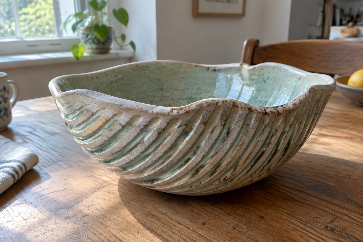 Light green ceramic bowl with wavy rim and ridged glaze on wooden table