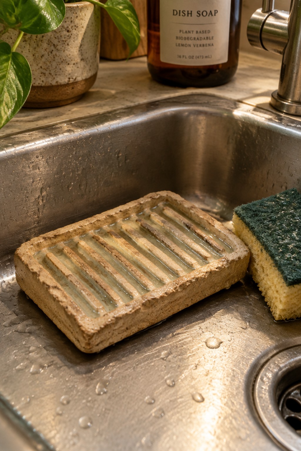 Beige ridged soap dish and yellow sponge in wet stainless steel kitchen sink