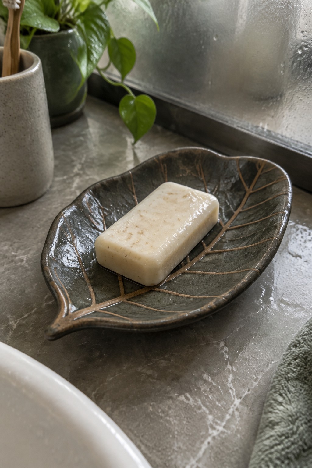 Pale soap bar on dark leaf-shaped ceramic dish atop gray marble counter