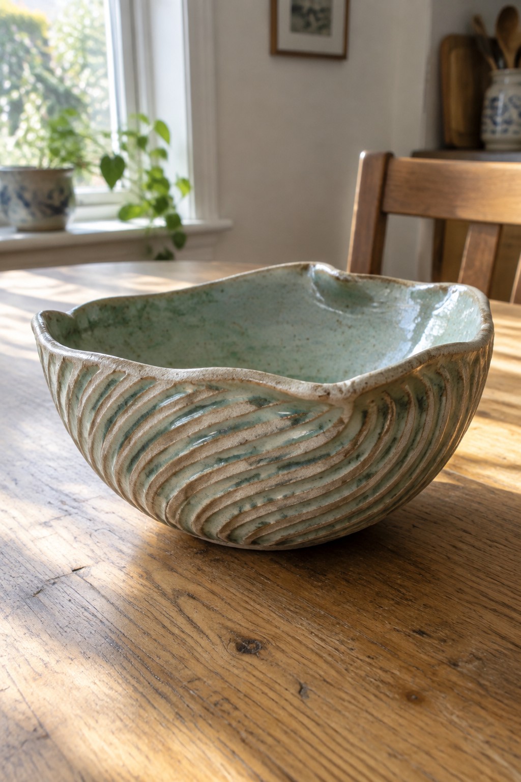 Light green ceramic bowl with wavy rim and ridged glaze on wooden table