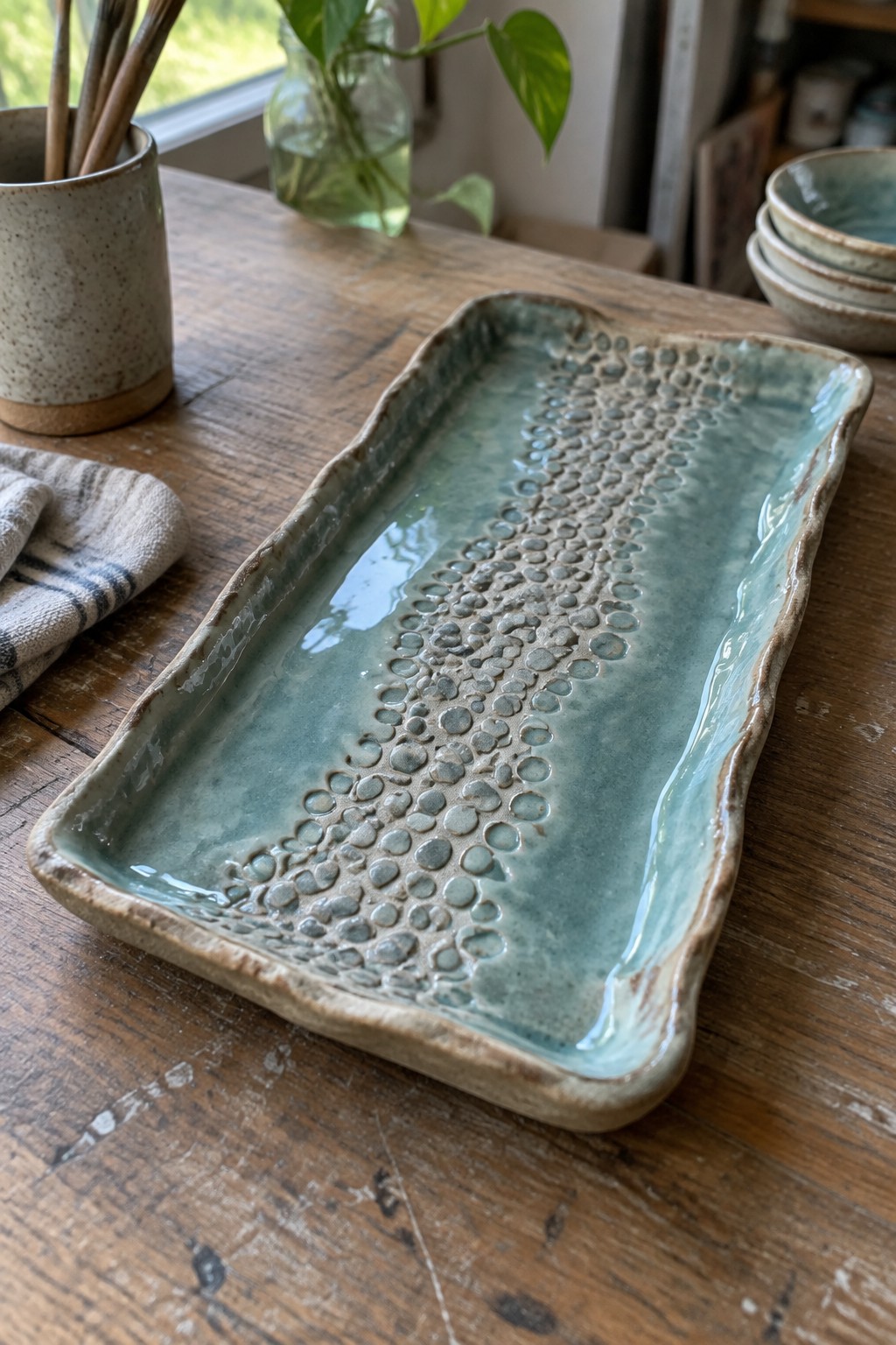 Rectangular teal ceramic tray with bubbled texture on rustic wooden table