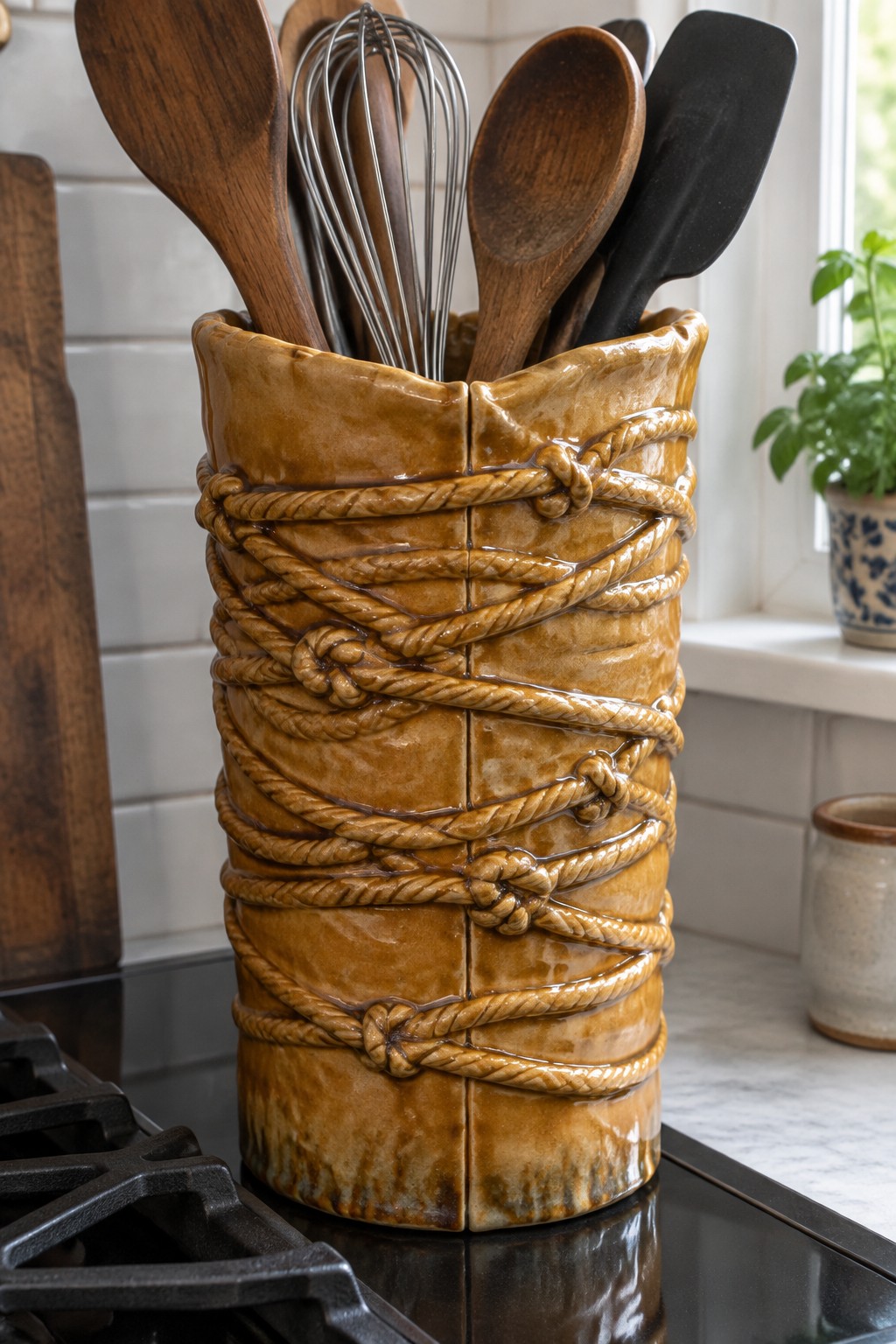 Brown ceramic utensil holder with rope design holding spoons and whisk on stove