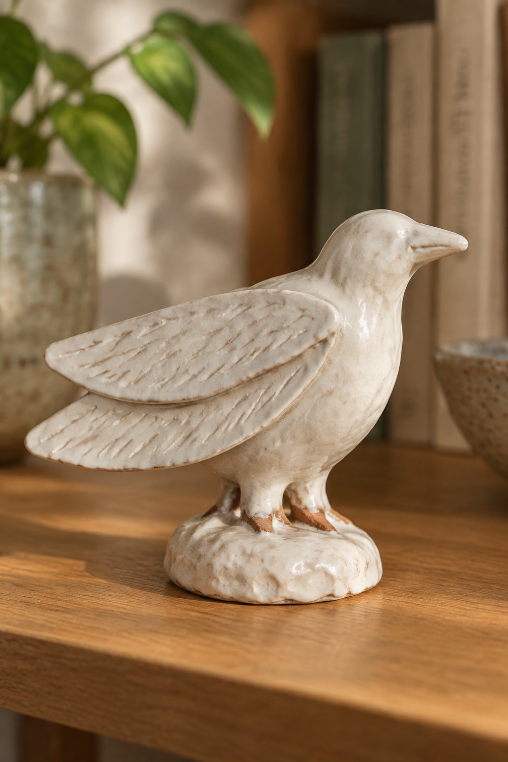 White ceramic bird figurine with etched wing details on wooden table
