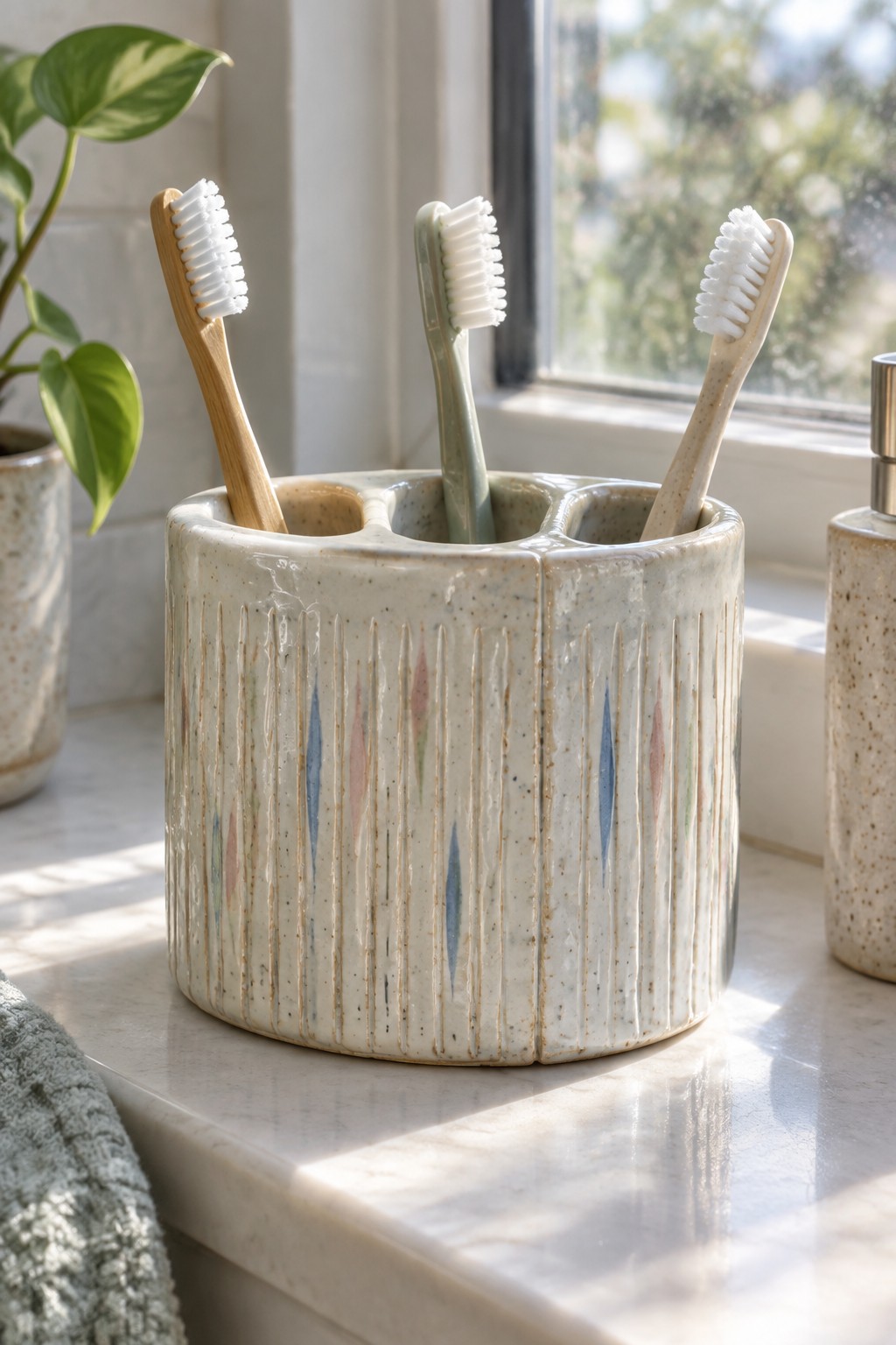 Three toothbrushes in a speckled ceramic holder on a marble bathroom counter