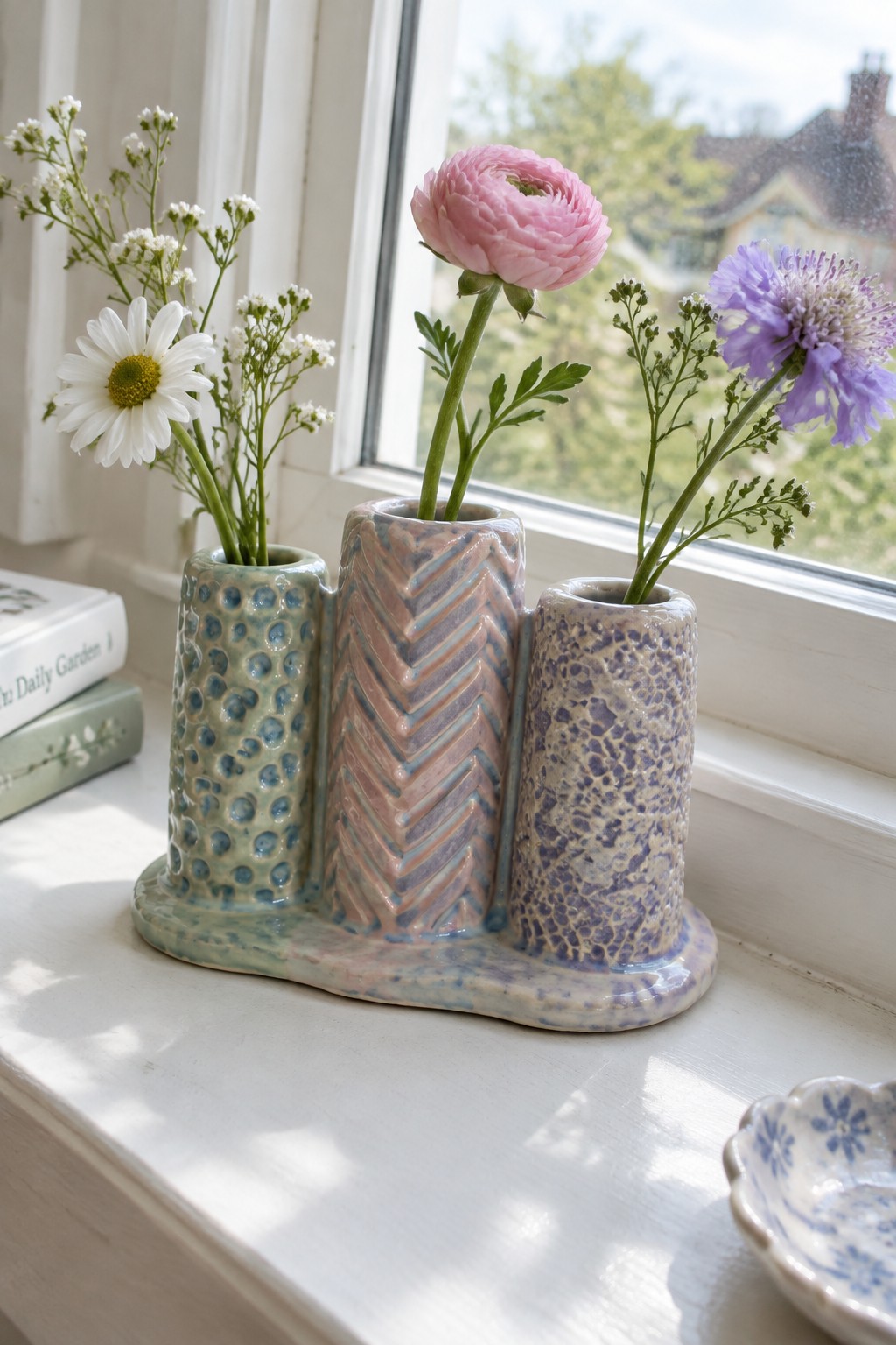 Three ceramic vases with dotted, chevron, and speckled glazes holding pink, white, and purple flowers.