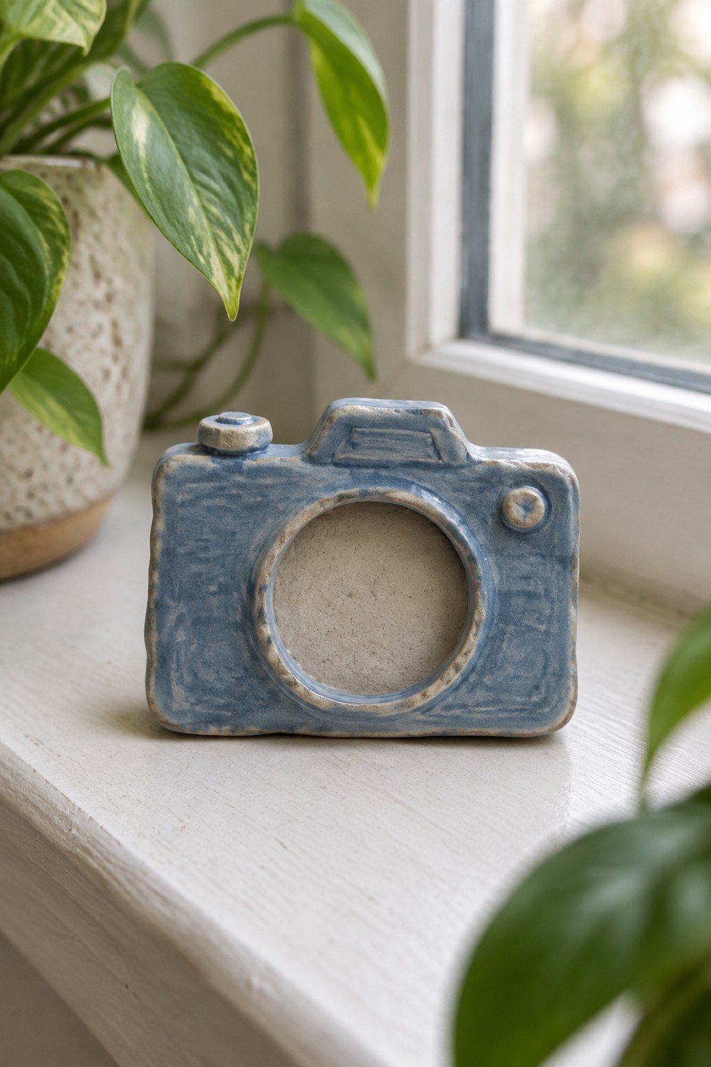 Blue ceramic camera figurine on white windowsill beside green potted plant