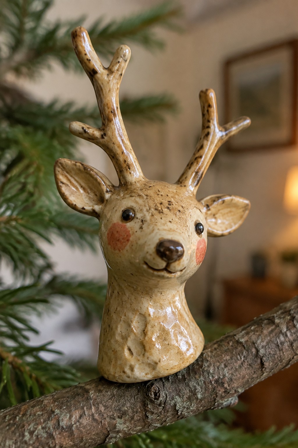 Ceramic reindeer head with antlers, rosy cheeks, and speckled glaze on a wooden branch