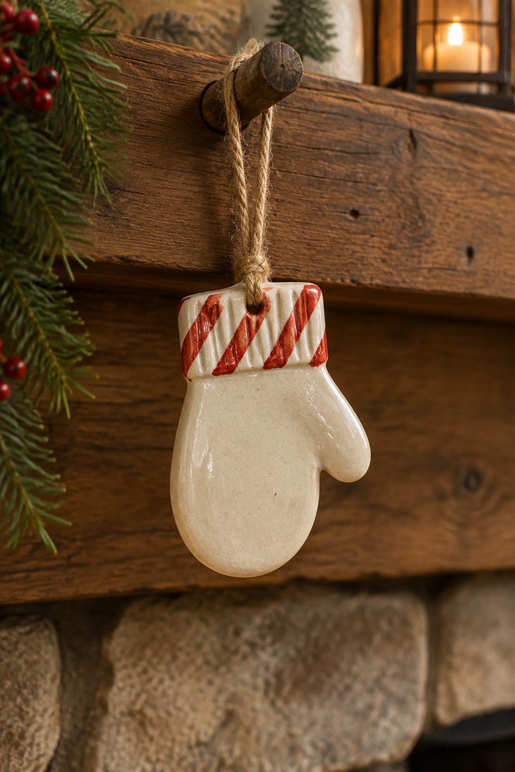 White ceramic mitten ornament with red striped cuff hanging from wooden peg