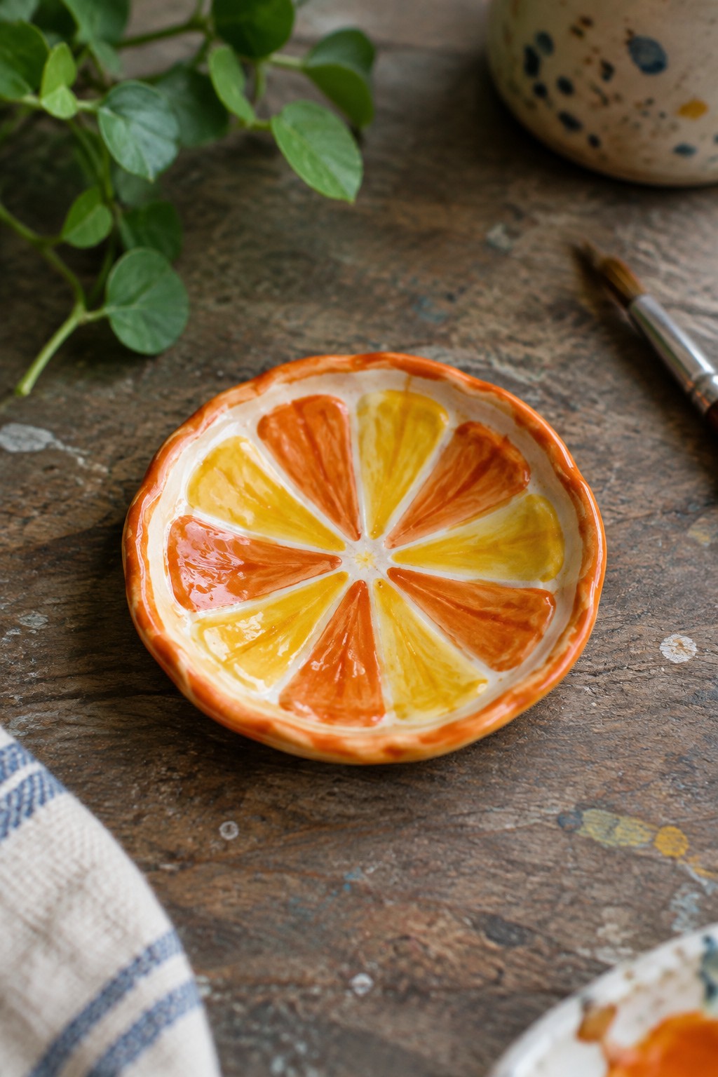Hand-painted orange slice ceramic bowl on rustic wooden table with brush and plant