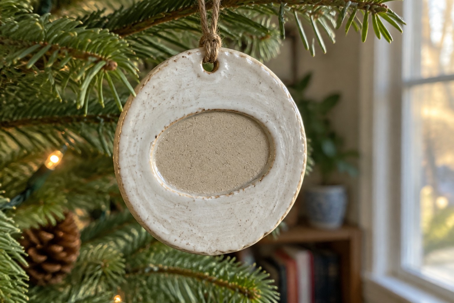 A white speckled ceramic ring ornament with an oval center hangs from twine on a Christmas tree branch.