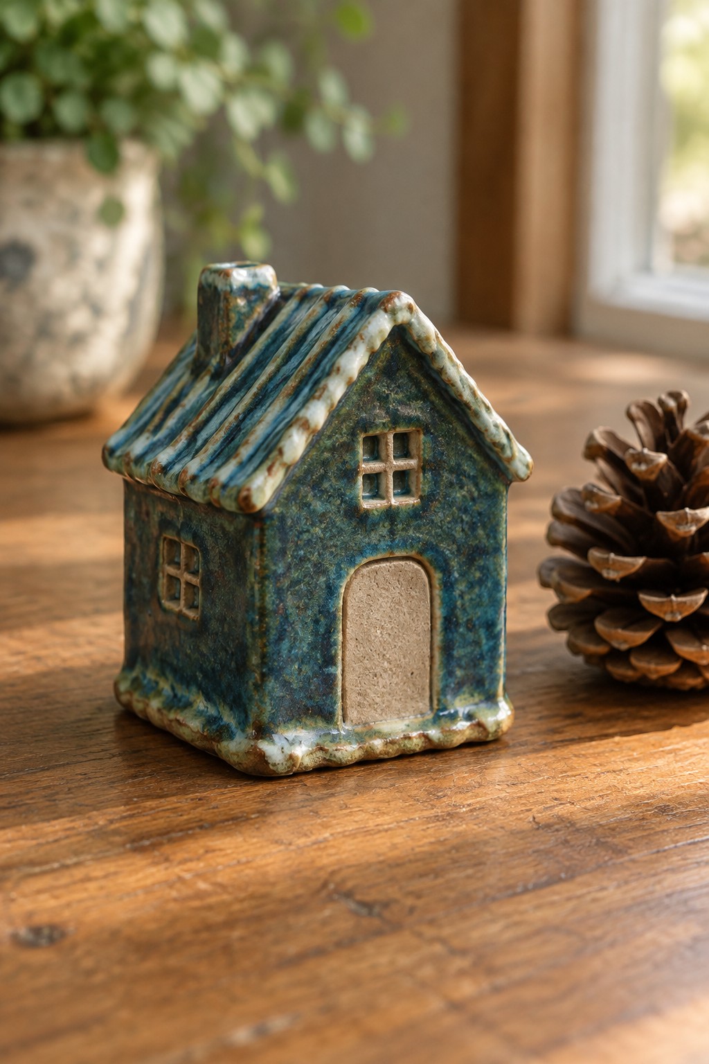 Blue ceramic house figurine on wooden table beside pinecone