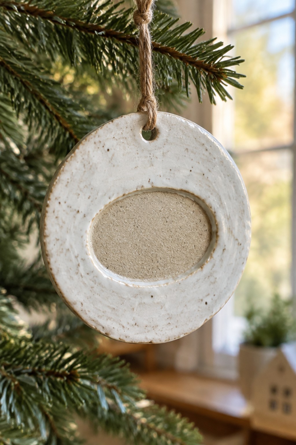 A white speckled ceramic ring ornament with an oval center hangs from twine on a Christmas tree branch.