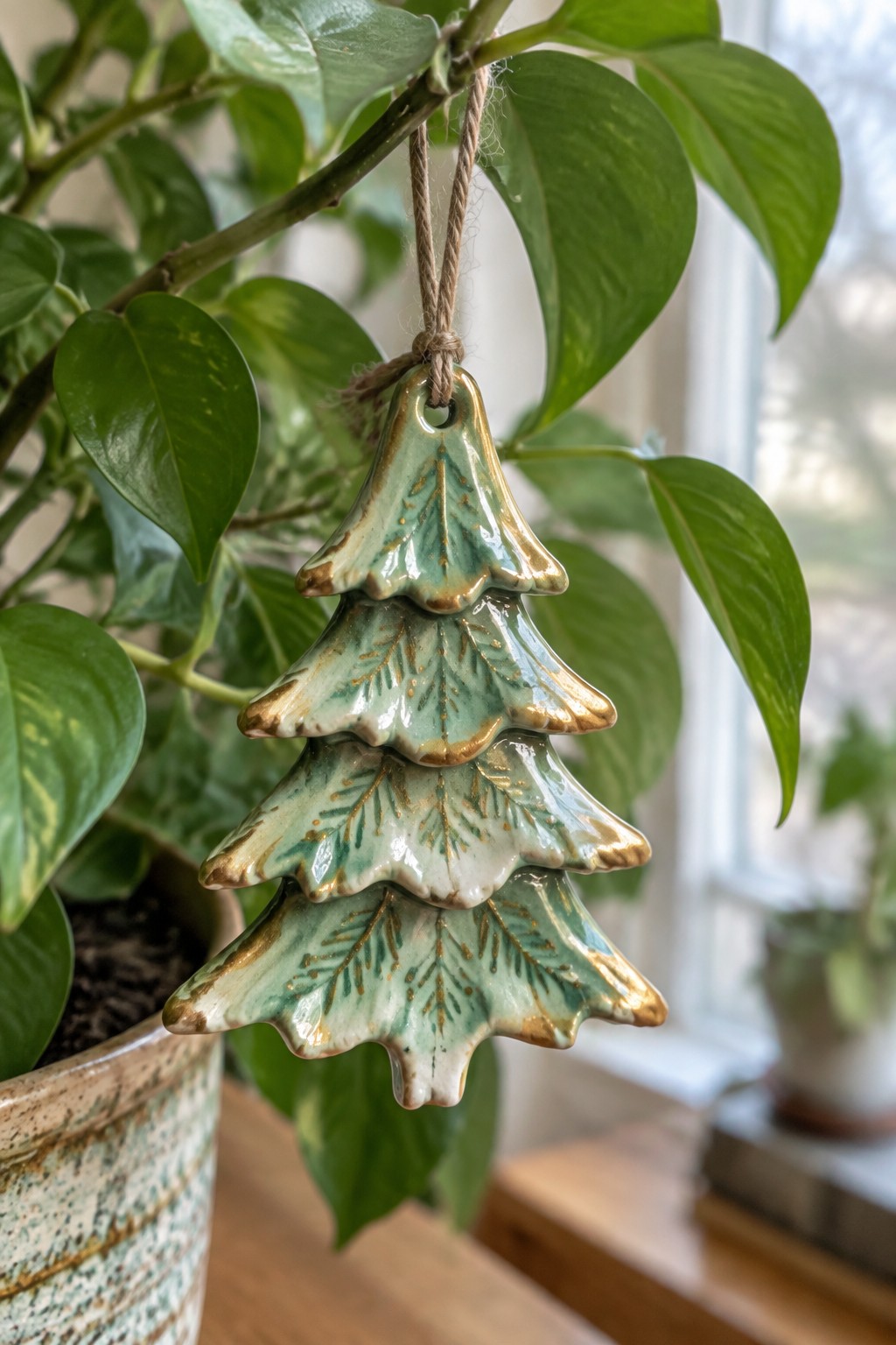 A green ceramic Christmas tree ornament with gold edges hangs from a plant stem.