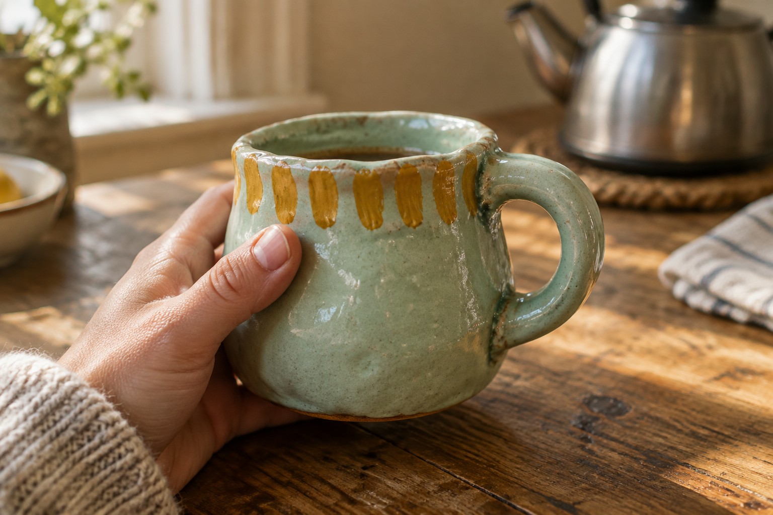 Hand in beige knit sweater holding mint-green mug with yellow oval patterns