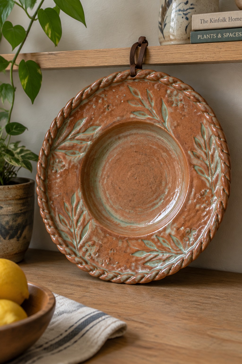 Terracotta plate with green leaf motifs and braided rim hanging on wooden shelf
