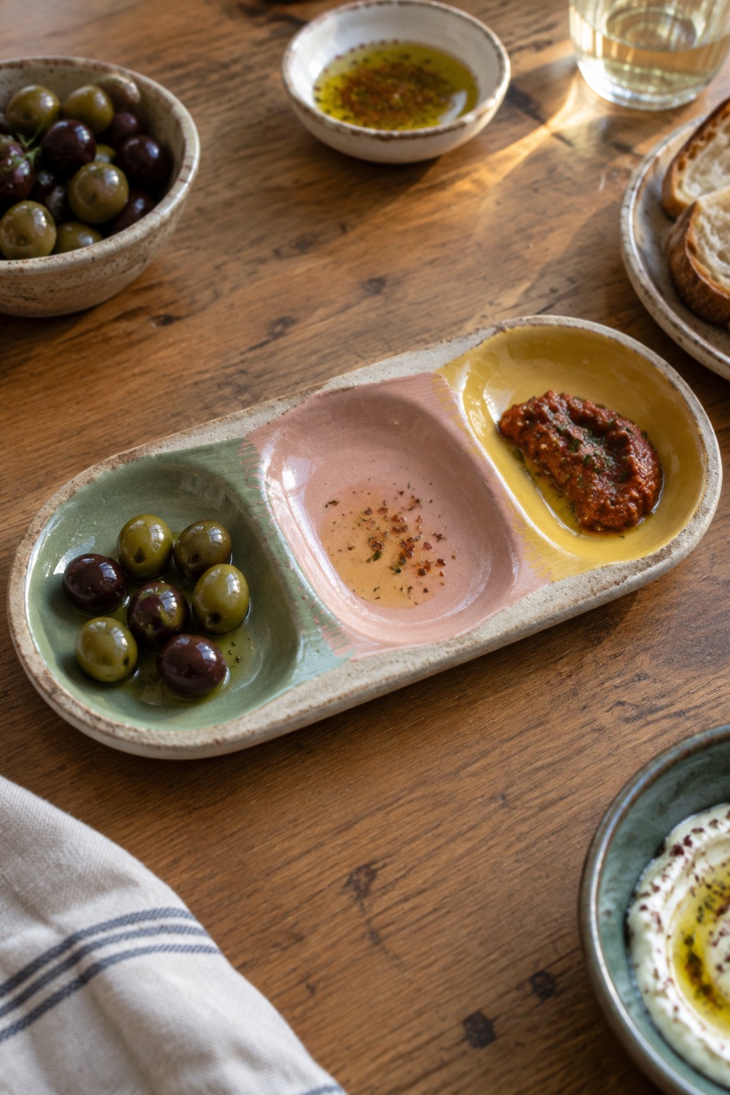 Multicolored ceramic divided dish with olives, oil, and paste on rustic wooden table