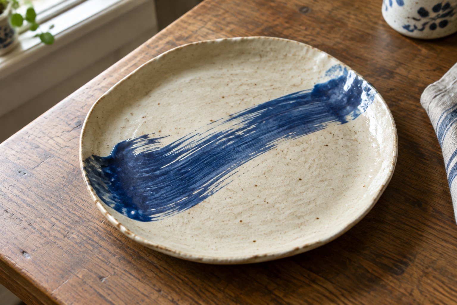 Beige plate with blue brushstroke beside coffee mug and daisy vase on wooden table