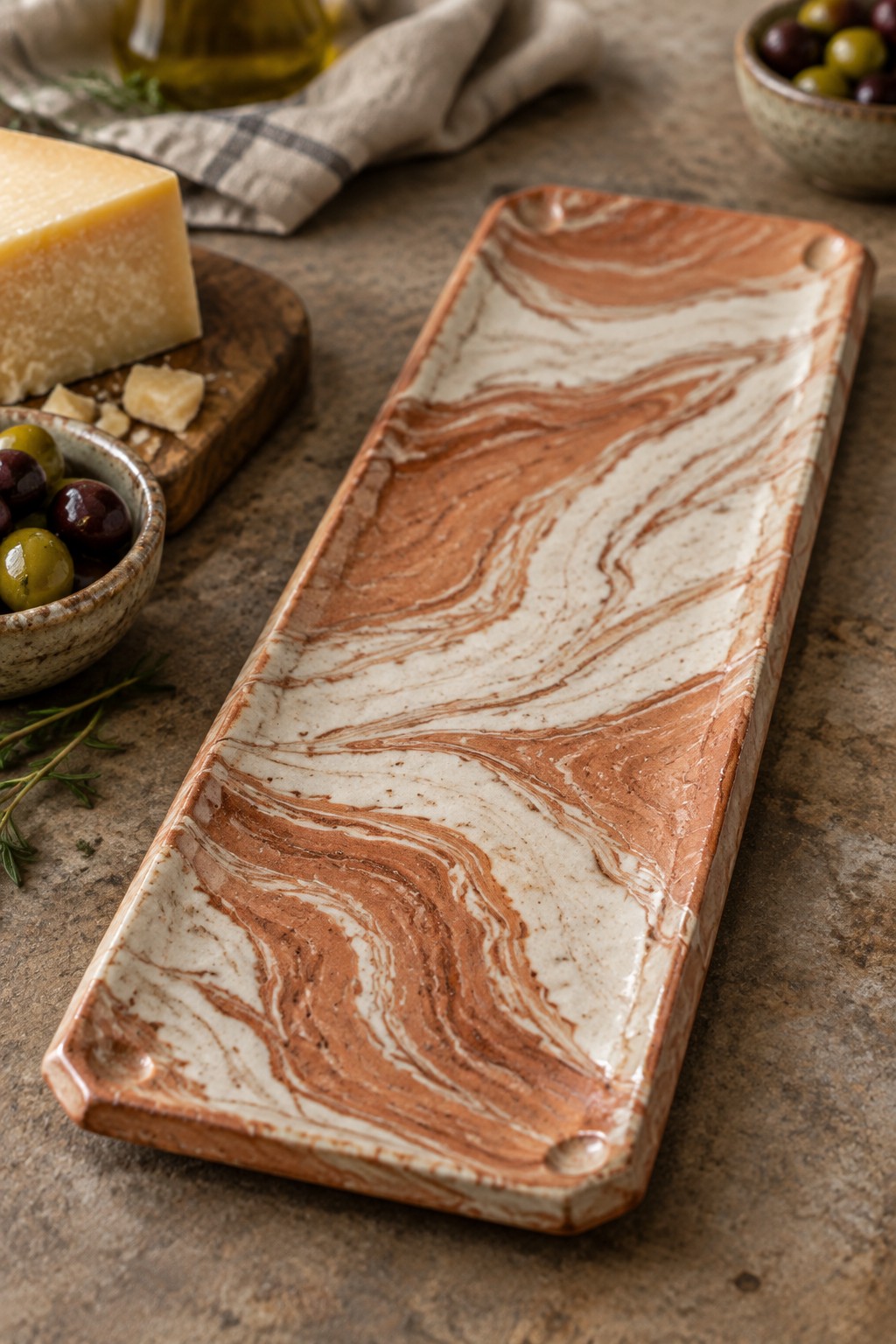 Swirled brown and white ceramic tray beside cheese wedge and olive bowl on stone table
